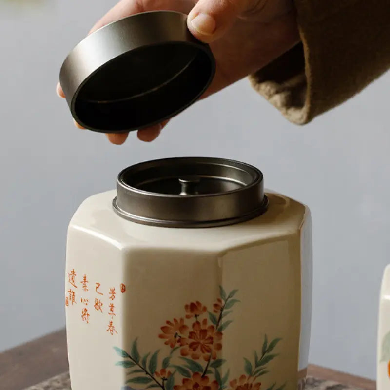 Boîte à Thé Peinture Florale Premium en Céramique 1000 ml