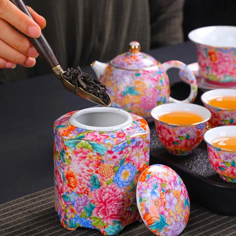 Élégance Chinoise – Service à thé en céramique, motifs floraux