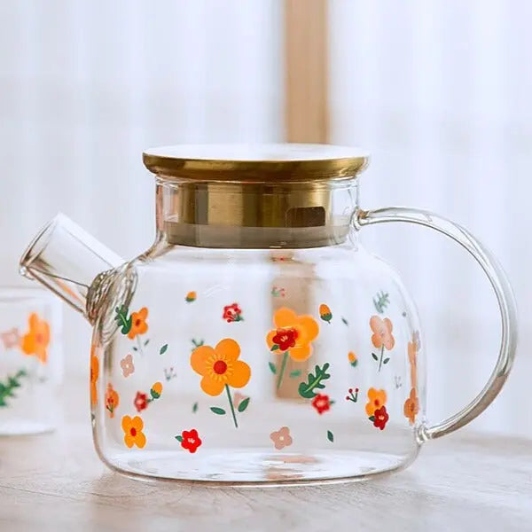 Théière en Verre Signature – Couvercle Doré et Motifs Fleurs, 1L–1.7L