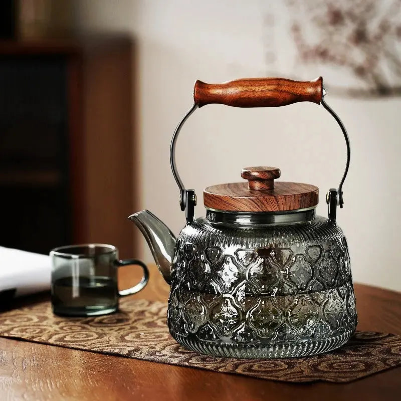 GrisArt Théière en Verre et Bois Grise Transparente Embossée 900ml