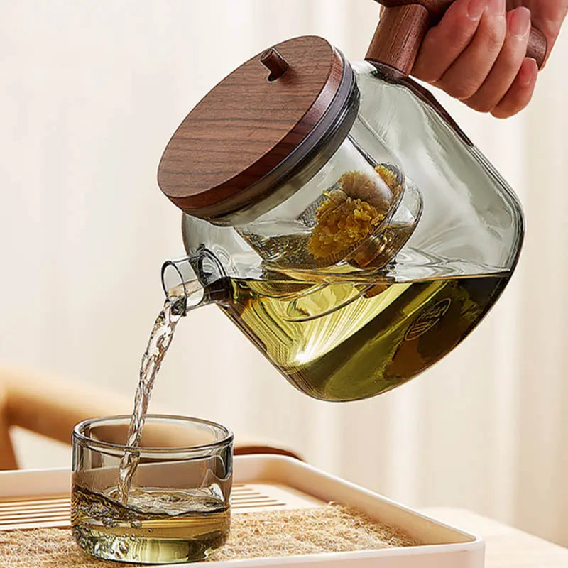 Théière en Verre et Bois – Ronde, 700 ml, Bouton Infuseur