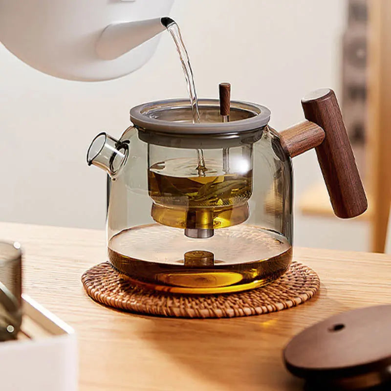 Théière en Verre et Bois – Ronde, 700 ml, Bouton Infuseur