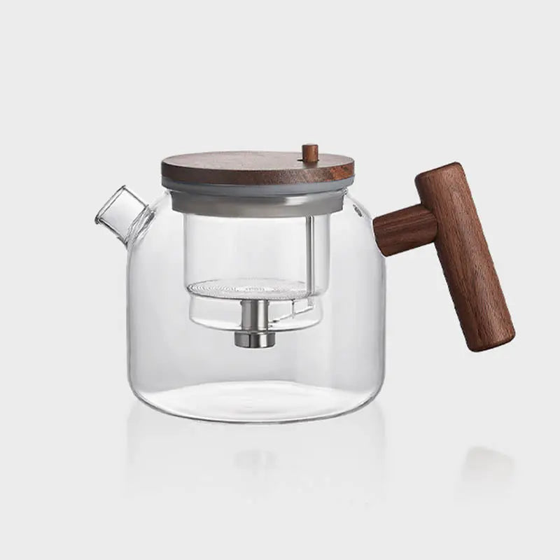 Théière en Verre et Bois – Ronde, 700 ml, Bouton Infuseur
