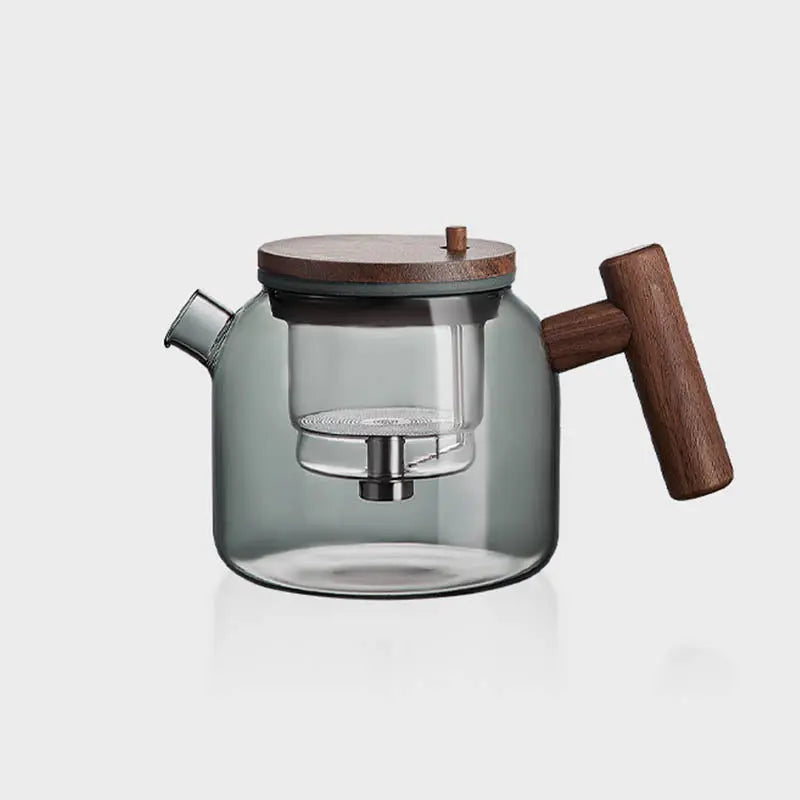 Théière en Verre et Bois – Ronde, 700 ml, Bouton Infuseur