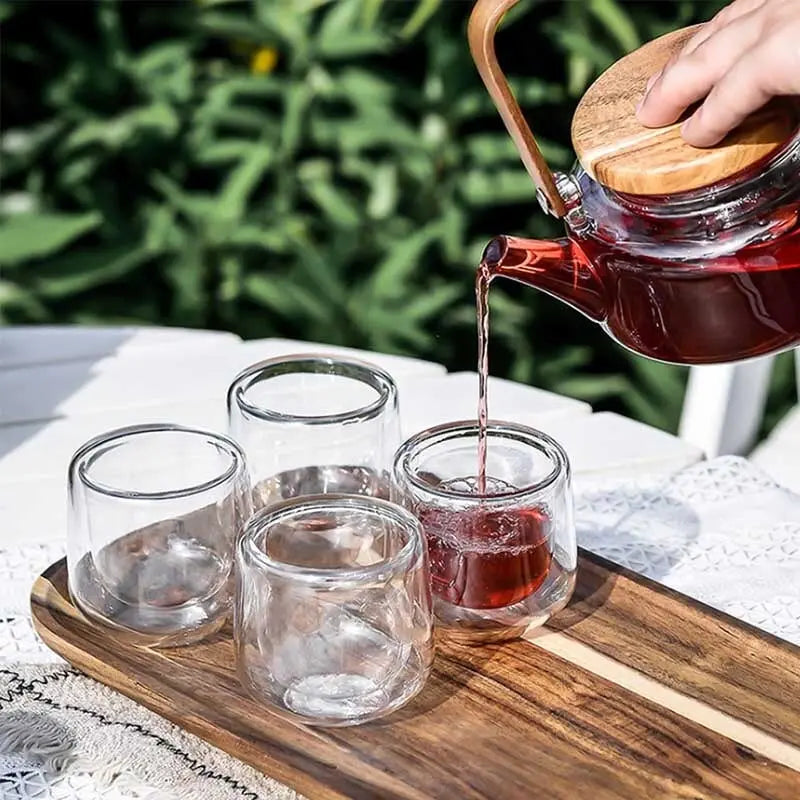 Service à thé Scandinave en Verre et Bois d'Acacia – 600 ml, Design Nordique