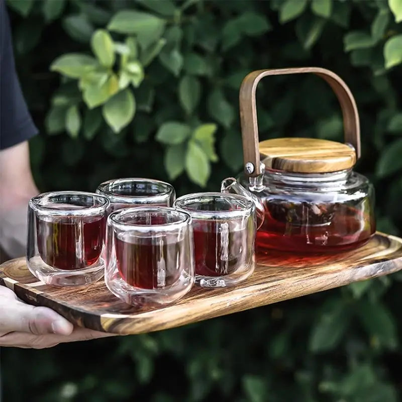 Service à thé Scandinave en Verre et Bois d'Acacia – 600 ml, Design Nordique