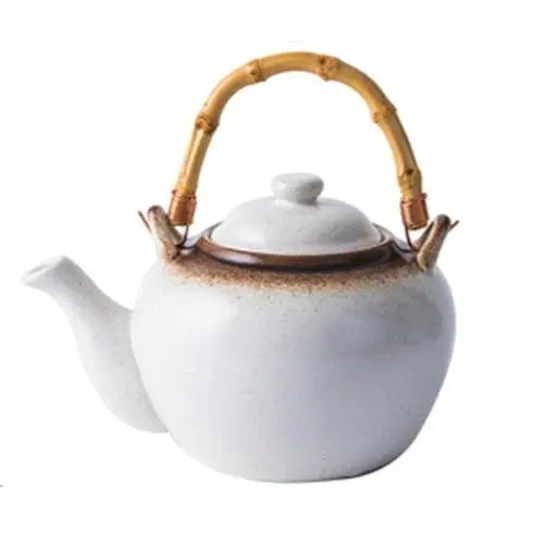SakuraZen Théière Japonaise en Céramique Blanche et Bambou – 500 ml