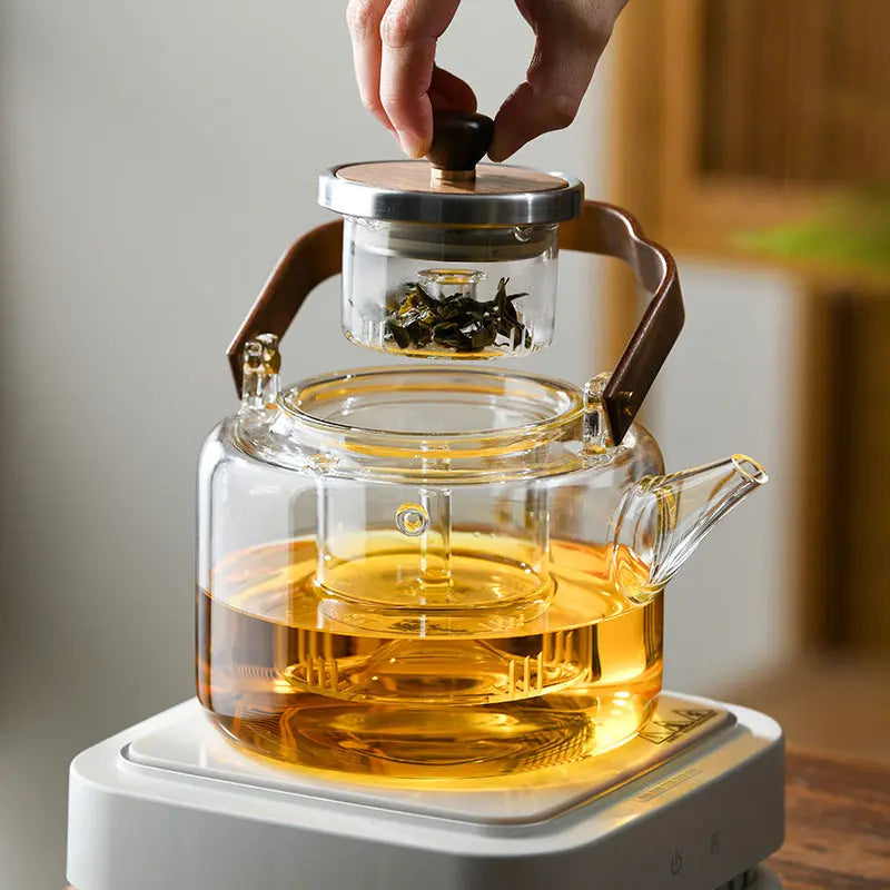 Théière en Verre Chinoise Premium – Anse en Bois 1.3L