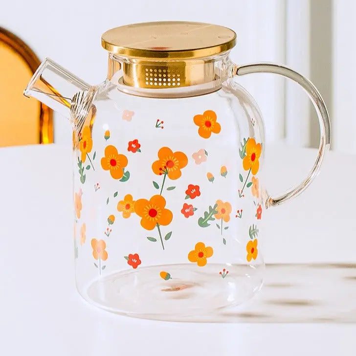 Théière en Verre Signature – Couvercle Doré et Motifs Fleurs, 1L–1.7L