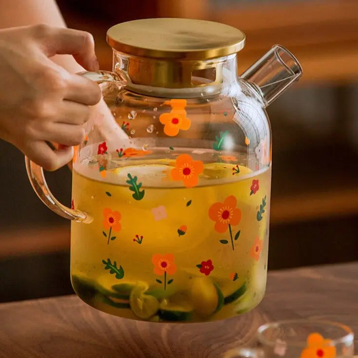 Théière en Verre Signature – Couvercle Doré et Motifs Fleurs, 1L–1.7L