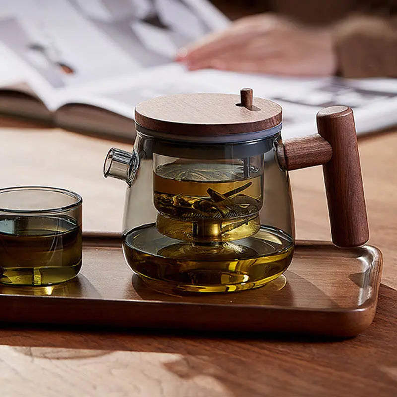 Théière en Verre et Bois avec Infuseur à Bouton – 400 ml